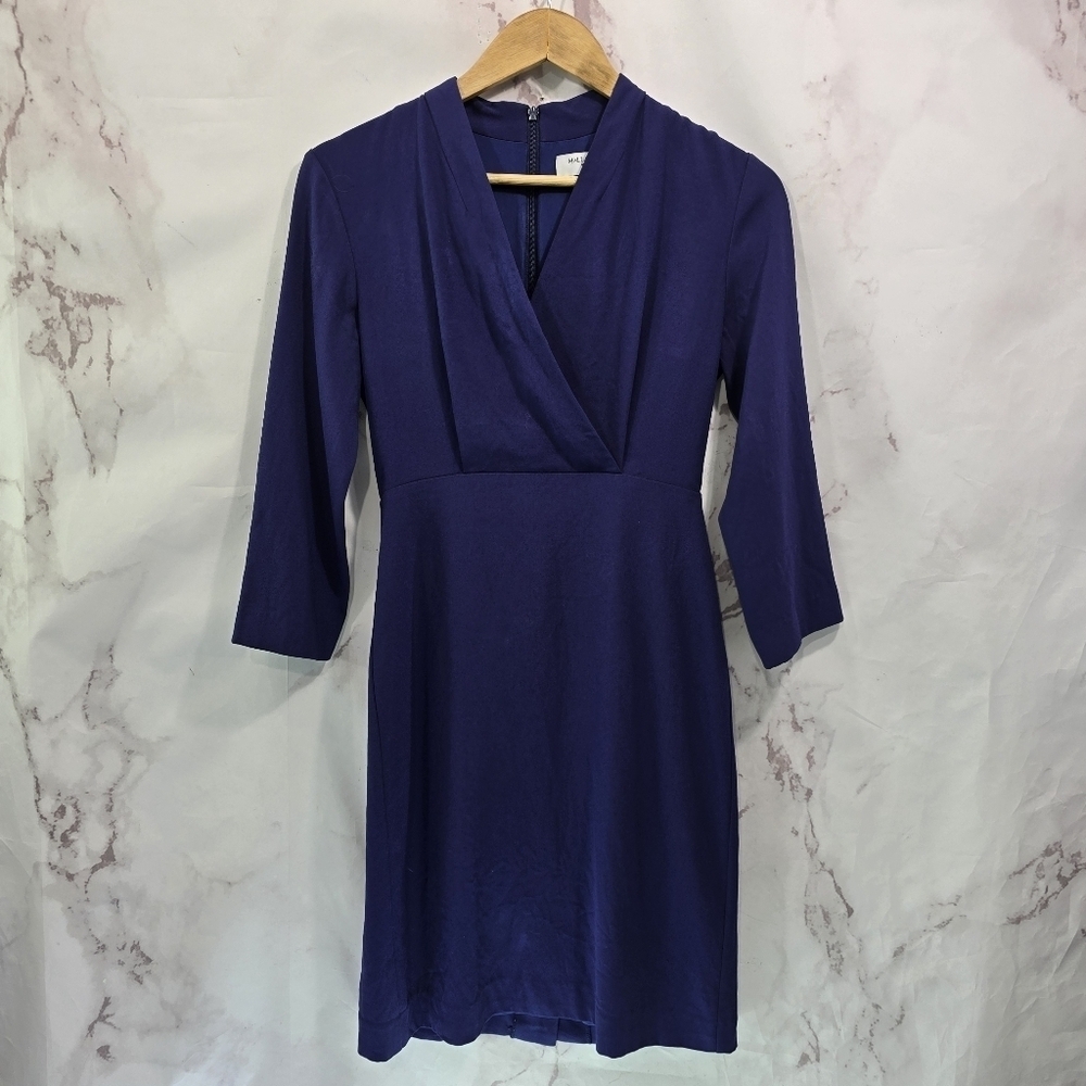 MM Lafleur Dress Womens 2 Blue V Neck Quarter Sleeve Knee Length Sheath Office